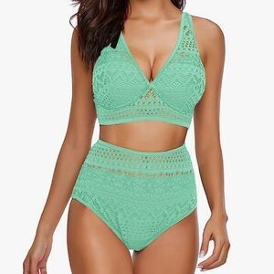 Luvami Crochet Lace High Waist V Neck Bikini Set in Green 109 Size M